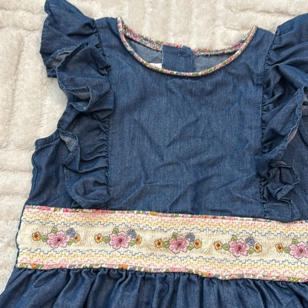 Bonnie Jean Chambray Smocked Waist Ruffle Flower Embroidered Dress